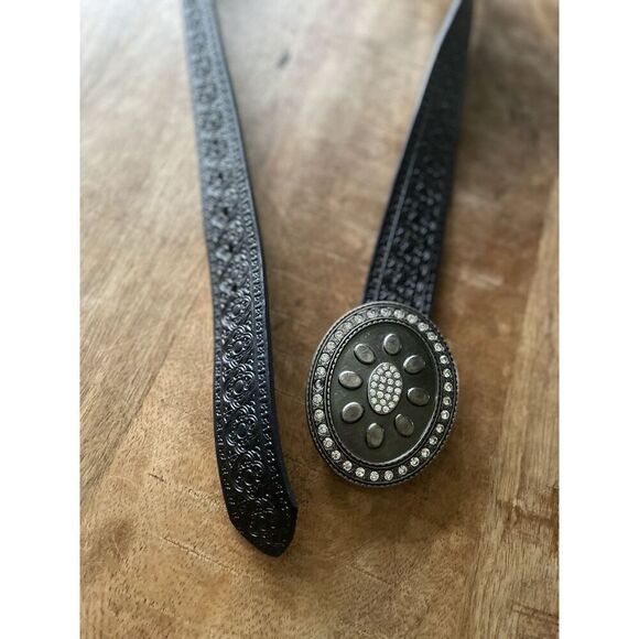 Cache Black Leather Belt L/XL Floral Buckle Italian Leather Canada - Picture 3 of 6